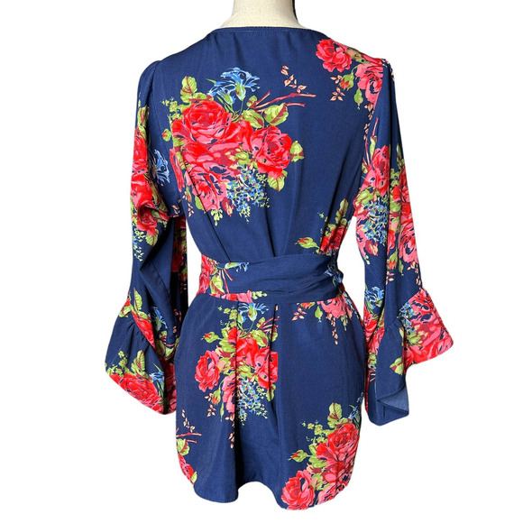 Betsey Johnson Tunic Blouse Size M w/Tie and Bell Sleeve in Blue Pink Floral - Picture 3 of 6